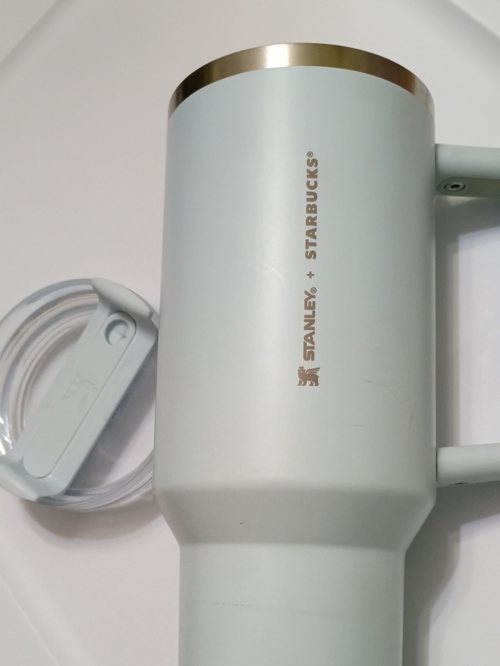Stanley x Starbucks Light Blue Travel Mug with Gold Trim